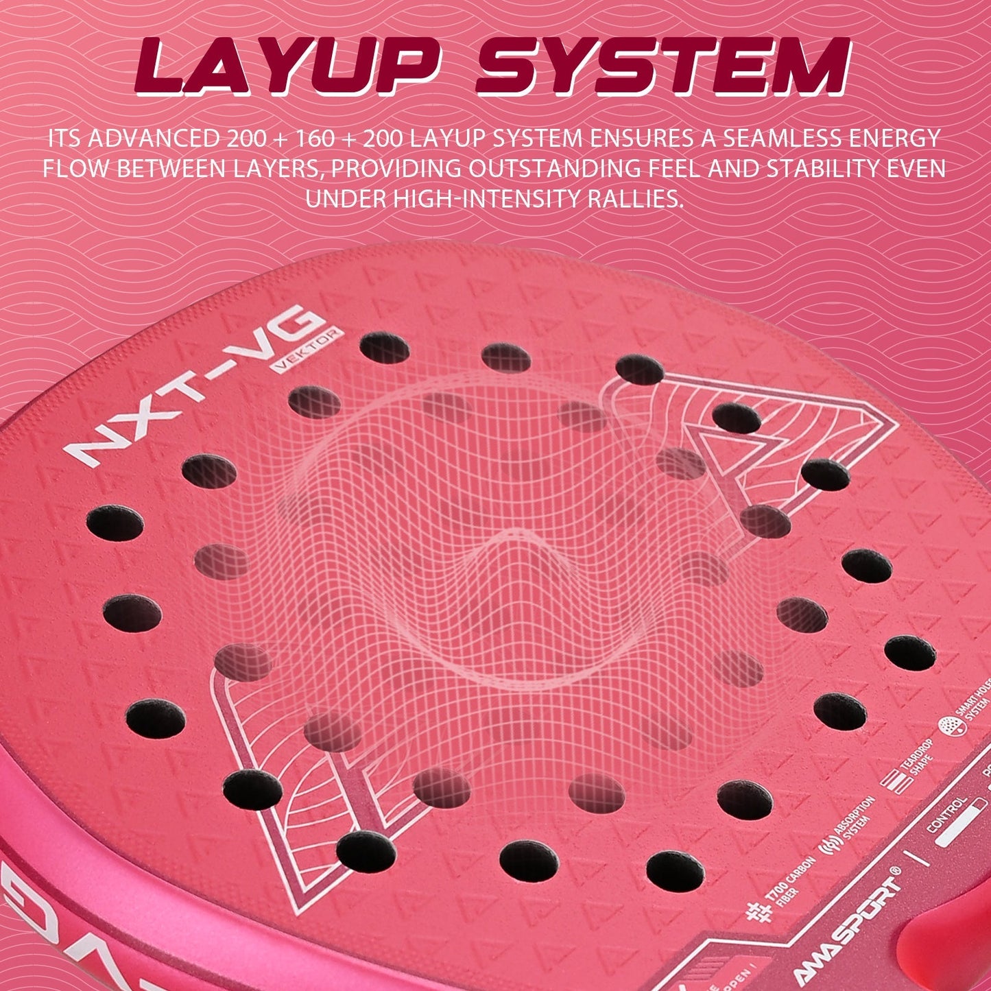 AMA Sport NXT-VG VEKTOR Padel Racket T700 Carbon Teardrop Shape Pink