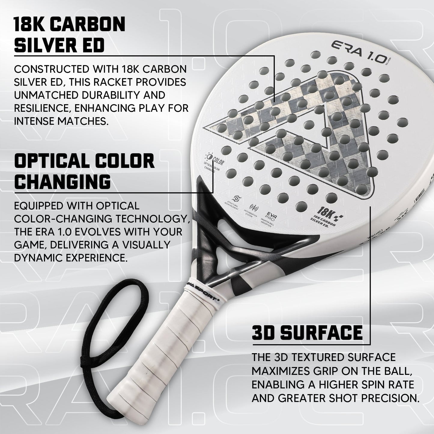 AMA Sport ERA 1.0 Silver Padel Racket 18K Carbon Teardrop Shape