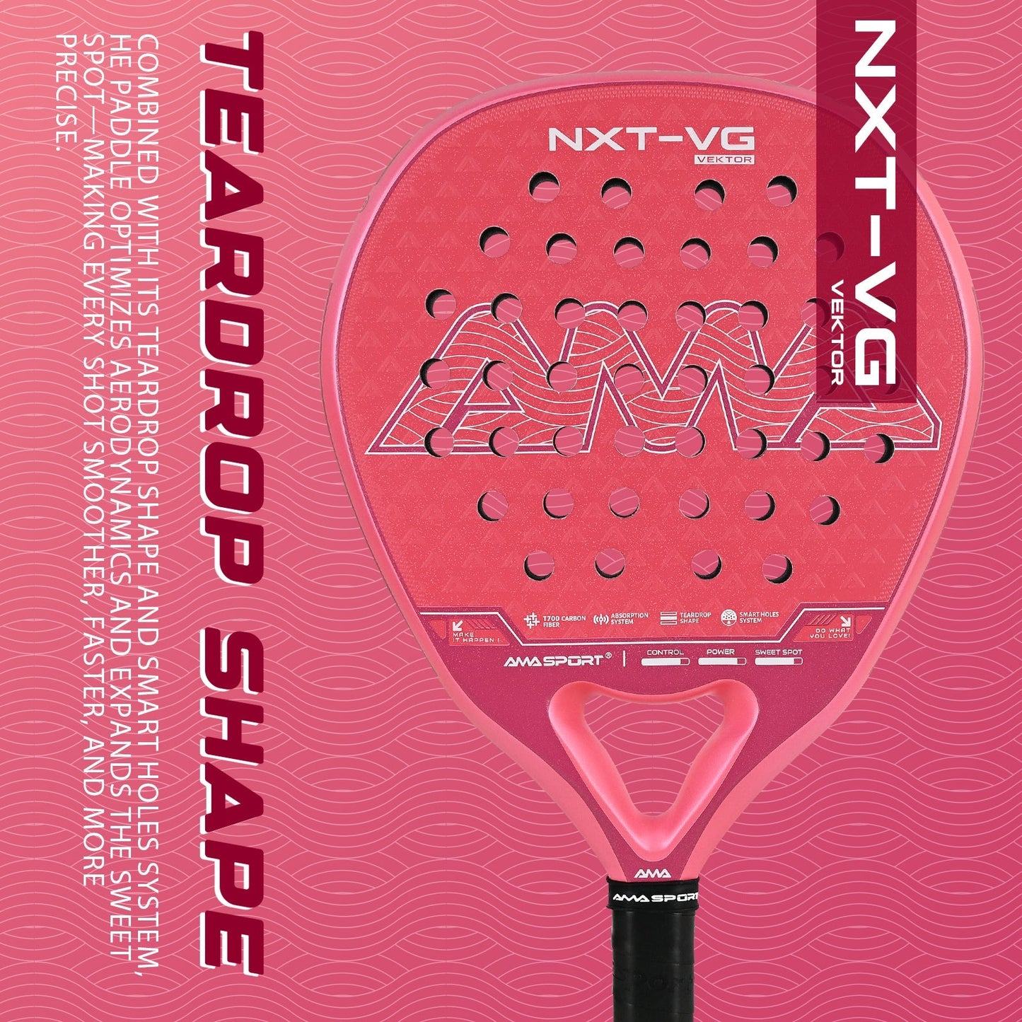 AMA Sport NXT-VG VEKTOR Padel Racket T700 Carbon Teardrop Shape Pink