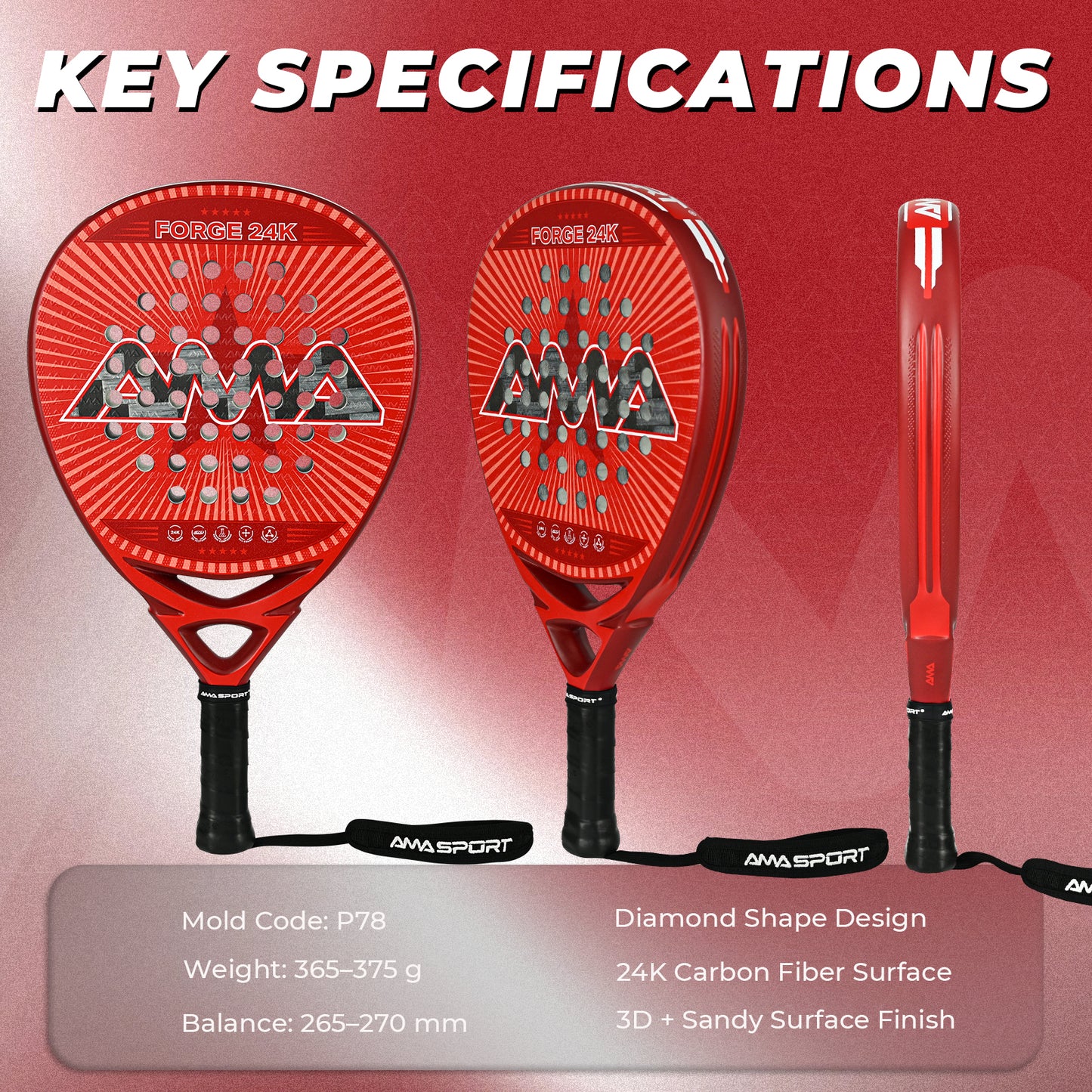 AMA Sport NXT-VG Pro Padel Racket 24K Carbon Diamond Shape Red