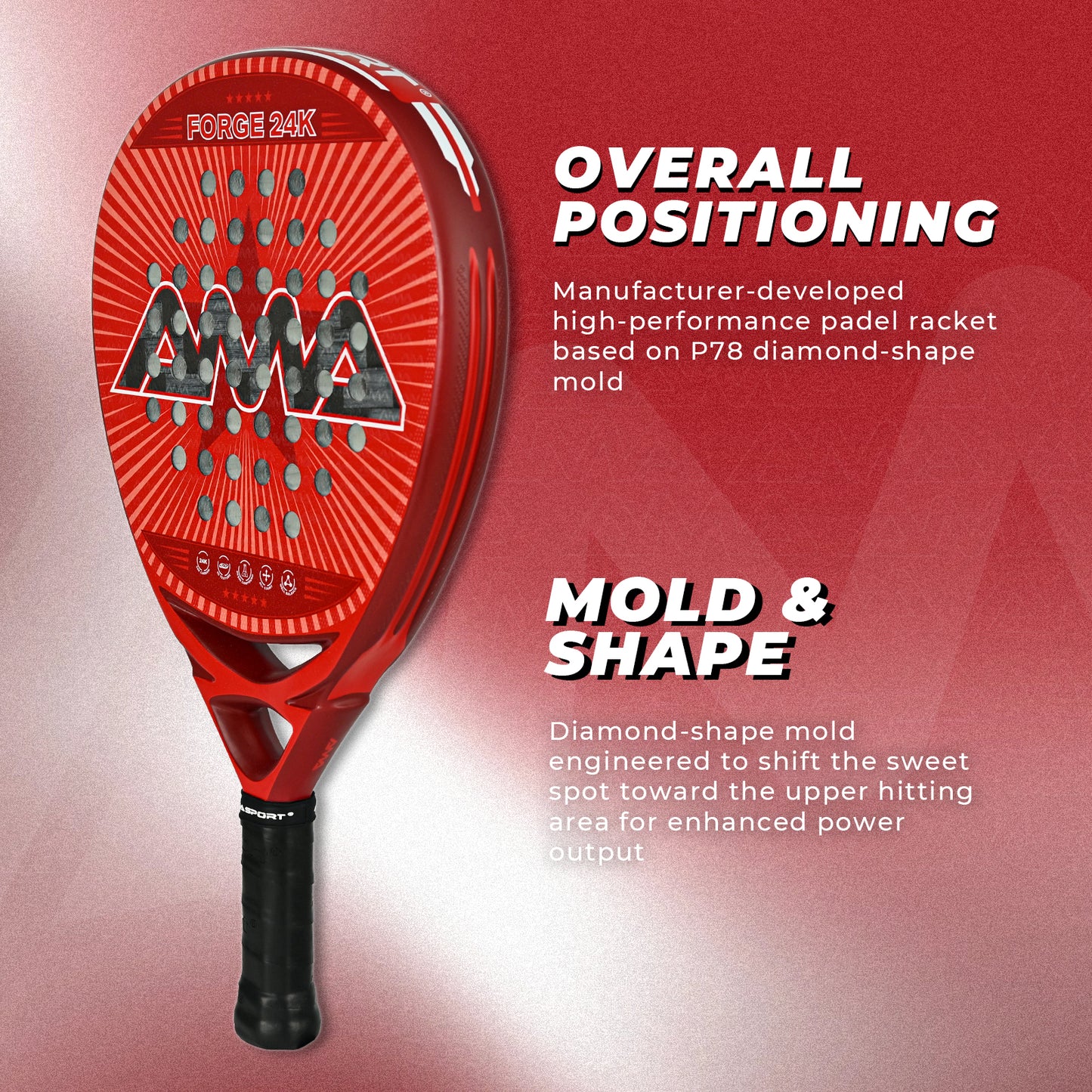 AMA Sport NXT-VG Pro Padel Racket 24K Carbon Diamond Shape Red